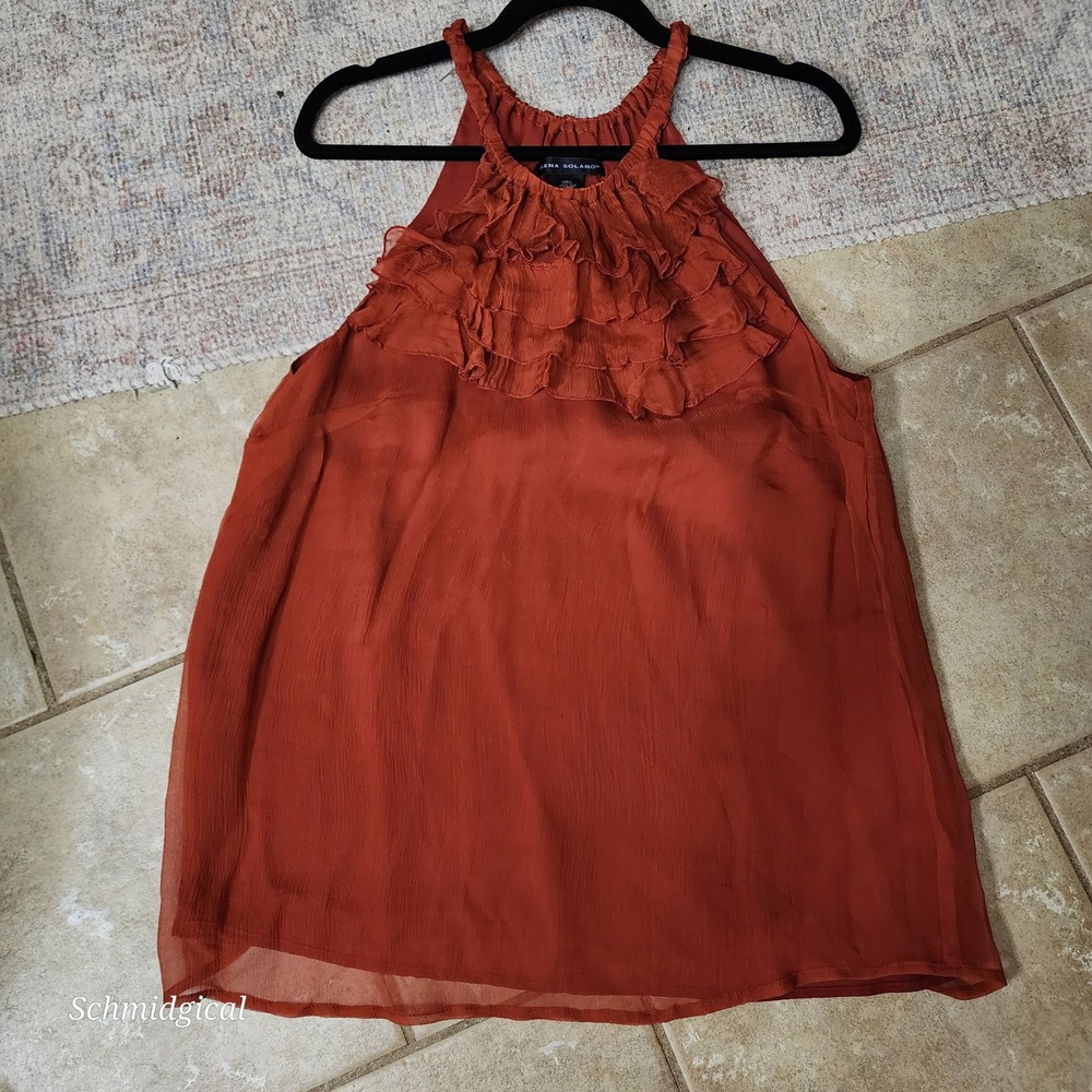 Elena Solano Rust Orange 100% Silk Ruffle Halter Blouse Top Large Boho Feminine
